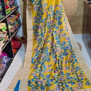 Kalamkari Design On Bishnupuri Tuassar Silk With Running Blouse Piece Zari Boder Tussar Silk Saree Ethnic Wear Saree