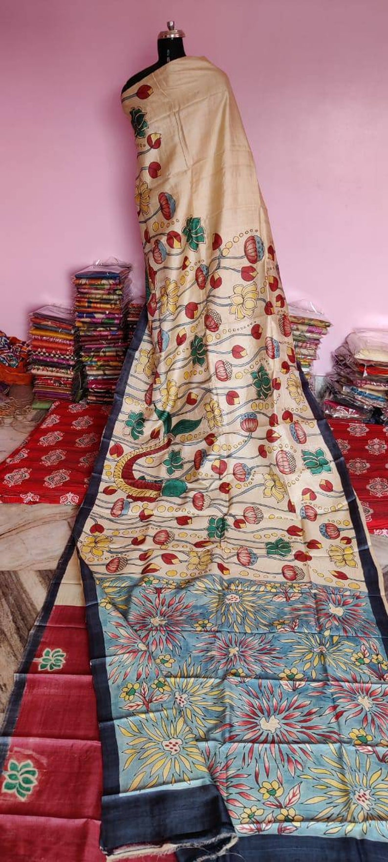 Kalamkari Design On Bishnupuri Tassor Silk With Blouse Piece Bishnupuri Tassor Silk With Kalamkari Hand Painted Saree Bishnupuri Tussar Silk