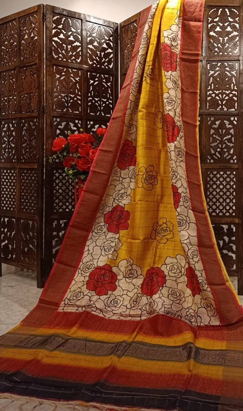 Check Style All Body Line Zari Work Kalamkari Saree With Blouse Piece