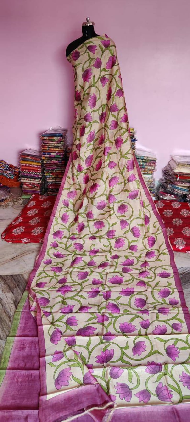Kalamkari Design On Bishnupuri Tassor Silk With Blouse Piece Bishnupuri Tassor Silk With Kalamkari Hand Painted Saree Bishnupuri Tussar Silk
