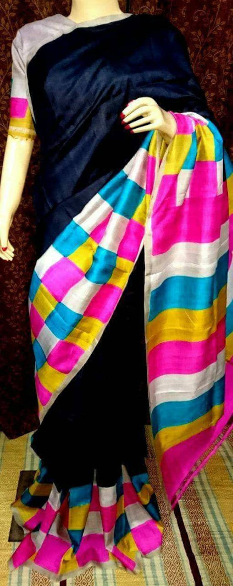 Indian Hand Painted Block Artwork On Indian Silk Saree With Blouse Piece Soft Murshidabadi Hand Printed 3ply Silk Murshidabadi Silk