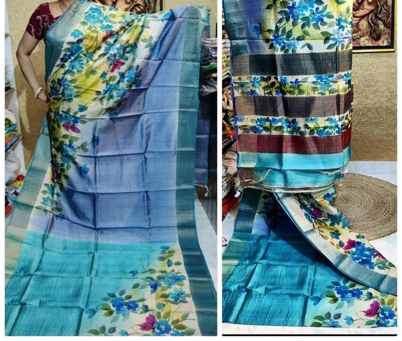 Kalamkari Hand Paint On Bishnupuri Zari Boder Tassar shops Silk Saree Hand Painted Zari Boder On Bishnupuri Tassor Silk Tassar Silk Kalamkari