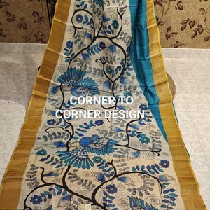 Pen Kalamkari Work On Pure Tussor Silk Saree With Blouse Piece And Silk Mark, Hand Painted Tussar Silk Saree