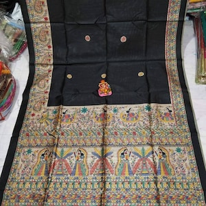 Blended Tassor Madhubani Ghicha Saree With Modhubani Print With Blouse Piece Blended  Tassor Over Madhubani Work Saree With Blouse