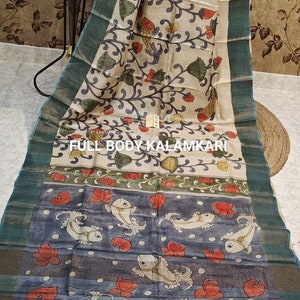 Pen Kalamkari Work On Tussar Silk, Kamalkari Work Saree With Blouse, Silk mark Certified Silk Saree