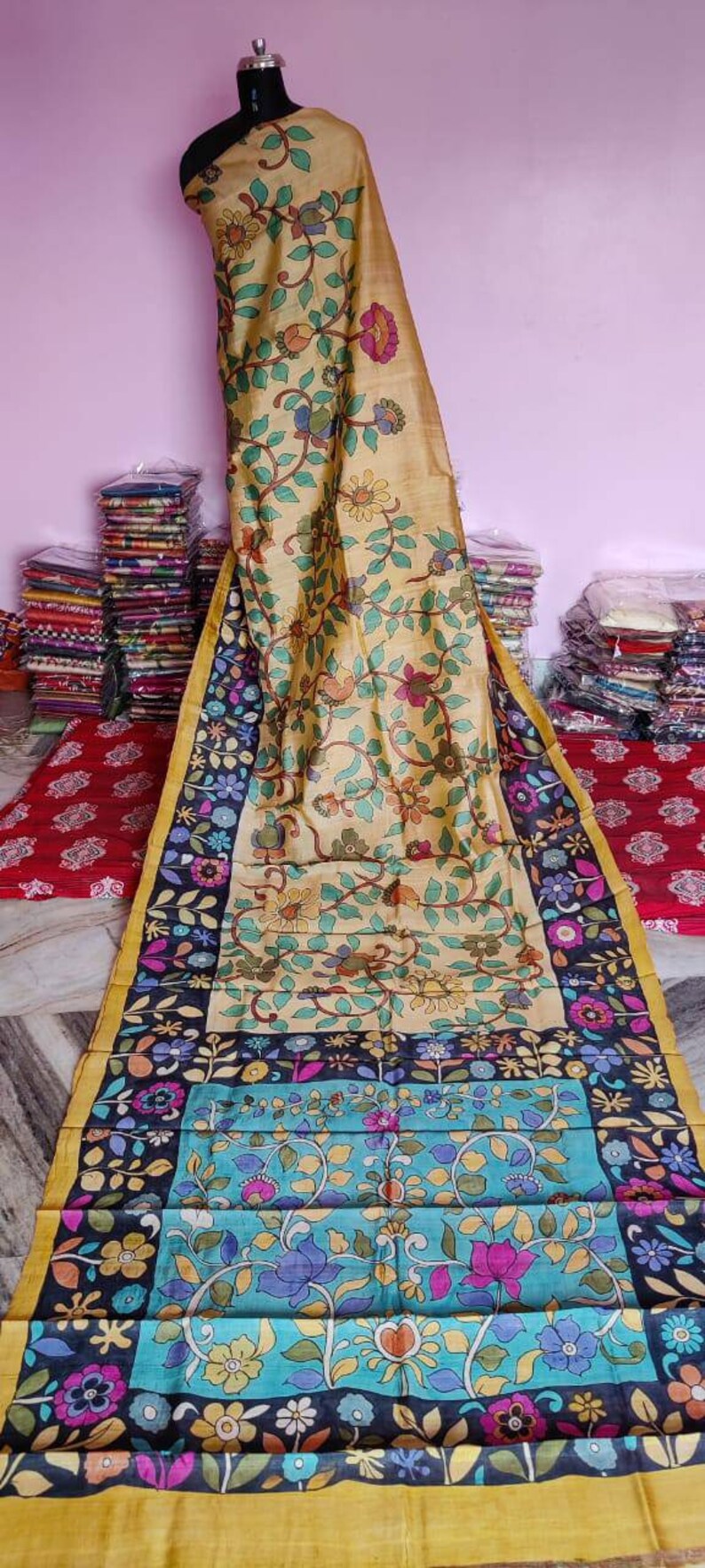 Kalamkari Design On Bishnupuri Tassor Silk With Blouse Piece Bishnupuri Tassor Silk With Kalamkari Hand Painted Saree Bishnupuri Tussar Silk