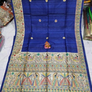 Madhubani Print On Blend Semi Tosser Silk Saree, Madhubani Ghicha Saree With Modhubani Matka Blouse Piece, All Over Madhubani Work Saree