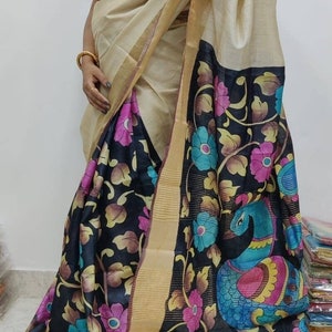 Kalamkari Design On Bishnupuri Tuassar Silk With Running Blouse Piece Zari Boder Tussar Silk Saree Ethnic Wear Saree