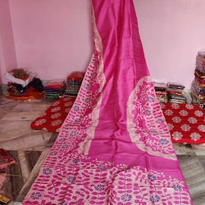Handbemalter Murshidabadi Seiden Saree: Indischer Batik Blumen Saree