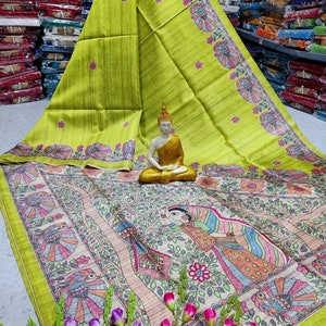 Madhubani Print On Semi Tosser Silk Saree, Madhubani Ghicha Saree With Modhubani Matka Blouse Piece, All Over Madhubani Work Saree