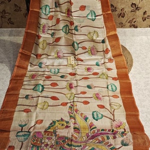 Pen Kalamkari Work On Tussar Silk, Kamalkari Work Saree With Blouse, Silk mark Certified Silk Saree