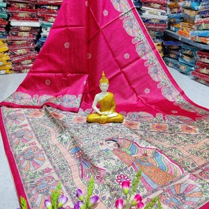Madhubani Print On Semi Tosser Silk Saree, Madhubani Ghicha Saree With Modhubani Matka Blouse Piece, All Over Madhubani Work Saree