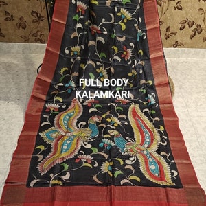 Pen Kalamkari Work On Tussar Silk, Kamalkari Work Saree With Blouse, Silk mark Certified Silk Saree