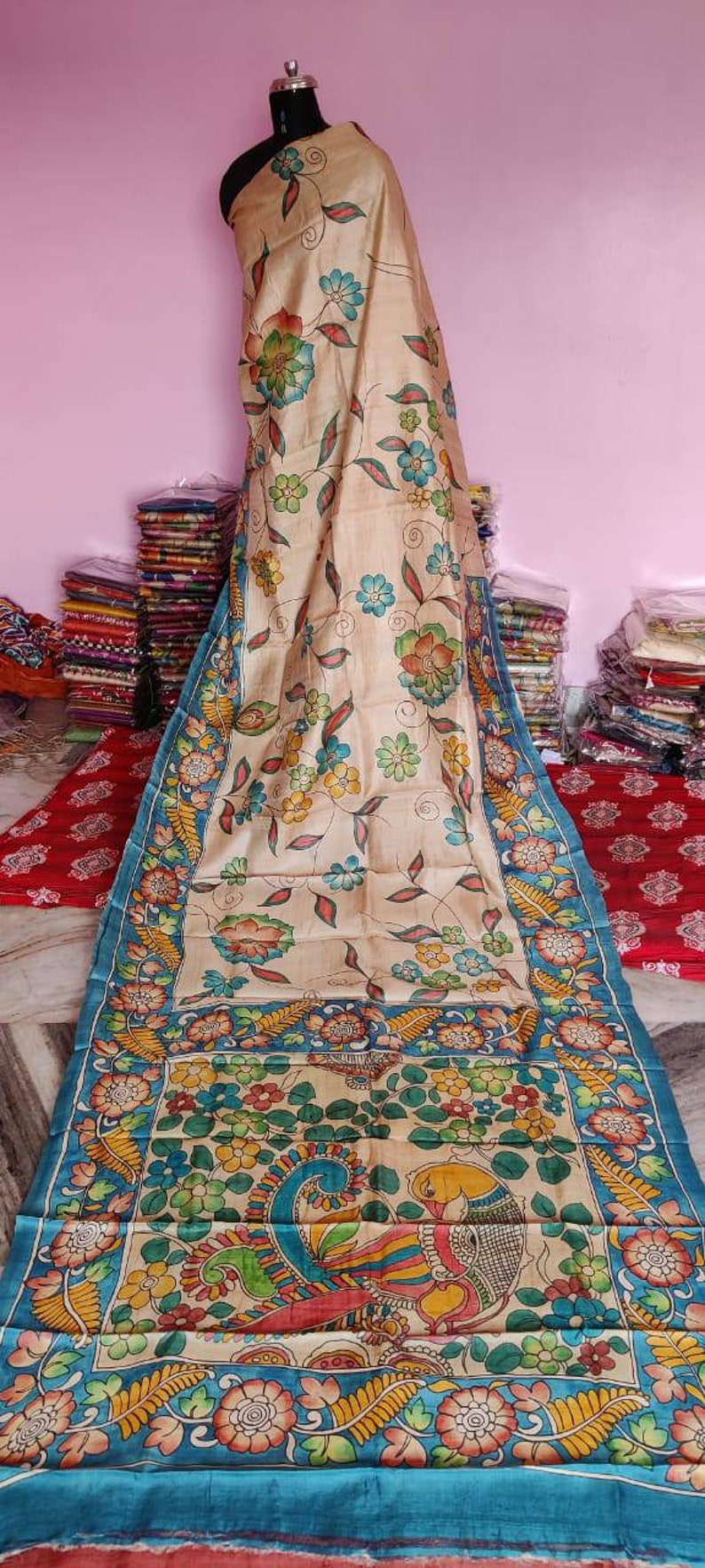 Kalamkari Design On Bishnupuri Tassor Silk With Blouse Piece Bishnupuri Tassor Silk With Kalamkari Hand Painted Saree Bishnupuri Tussar Silk