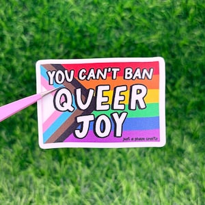 May include: A rectangular sticker featuring the Progress Pride flag background with horizontal stripes of red, orange, yellow, green, blue, and purple, plus a chevron of black, brown, light blue, pink, and white. Text reads YOU CAN'T BAN QUEER JOY.