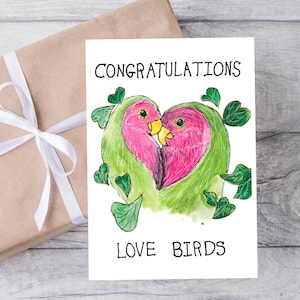 Love birds, Trouwkaart, verlovingskaart, jubileumkaart, milieuvriendelijke kaart, meneer en mevrouw love birds, schattige trouwkaart, handgeschilderd, liefde
