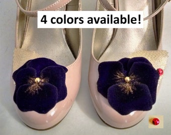 Velvet Pansy Shoe Clips, Wedding Shoe Accessory, Handmade, Special Occasion Footwear