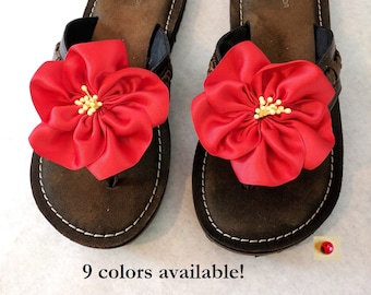 Hibiscus Satin Flower Shoe Clips, Tropical Hawaiian Footwear Accessory