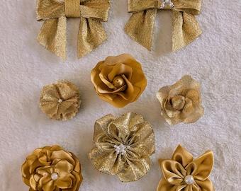 Gold Flower Shoe Clips, Satin & Metallic Fabric Embellishments