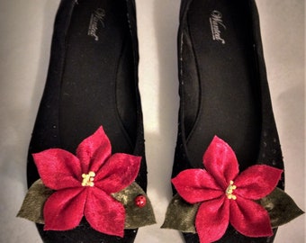 Christmas Poinsettia Shoe Clips, Red Velvet Fabric, Ladybug Detail