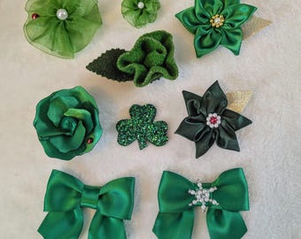 Green Flower Shoe Clips, Fabric or Ribbon, Handmade Set of 2