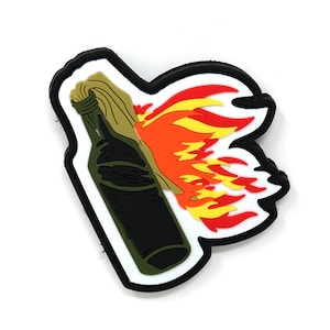 May include: A patch featuring a stylized Molotov cocktail design. The patch depicts a dark green bottle with a burning flame in red, orange, and yellow. The patch has a white background with a black border.