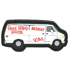 May include: White van with black trim and red lettering that says "Free BBQ Inside", "Brisket", and "Ribs".