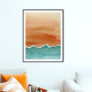 Arte abstracto en terracota y esmeralda, impresión en acuarela en naranja quemado y verde azulado, arte de impresión abstracta de puesta de sol en el océano, arte de pared en turquesa oxidado