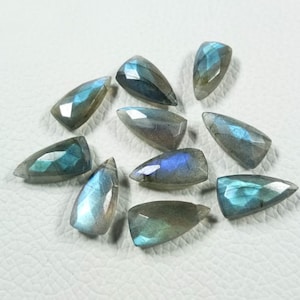 May include: A collection of ten faceted labradorite gemstone points in shades of blue and grey. The stones are arranged in a loose cluster on a white surface.