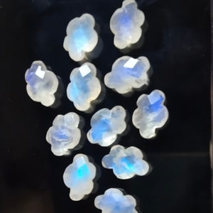 May include: A collection of 11 white moonstone cabochons, each carved in a flower shape. The stones have a blue iridescent sheen.