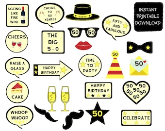 26 Piece - 50th Birthday Printable Party Props / Photo party prop/ Digital Print / Instant download / Photo Booth