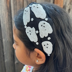 Halloween headband, ghost  headband, Statement Beaded Knot Headband, Handmade Headband, Wide Headband, Seed Bead Headband
