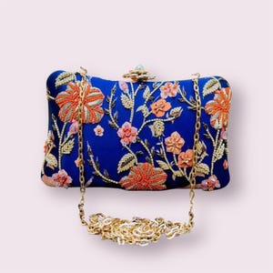 Floral bridal box clutch, Embroidered floral bag, designer purse, wedding gift, royal blue beaded clutch, gifts for her