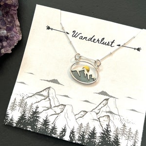 Mountains are calling necklace, Wanderlust pendant, Oval mountain with sun pendant , 925 sterling silver