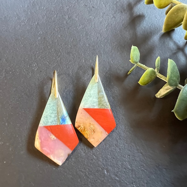 Pink opal , amazonite, labradorite ,red jasper earrings, intarsia earrings, statement earrings ,natural stone earrings
