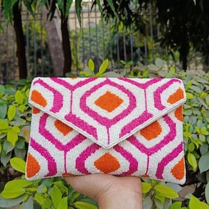 Geometric beaded clutch , Handmade Beaded Handbag, Beaded Clutch, Party Evening Bag, Gift for Her, Wedding purse