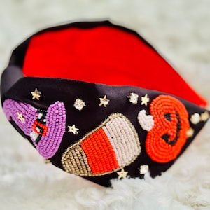 Halloween headband, candy corn witch hat  headband, Statement Beaded Knot Headband, Handmade Headband, Wide Headband, Seed Bead Headband