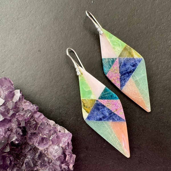 Intarsia Stone Earrings: Long Teardrop Sterling Silver Statement Earrings