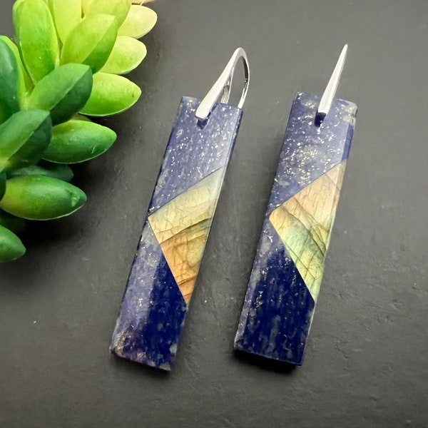 Labradorite Intarsia Earrings: Lapis Lazuli Dangles, Sterling Silver