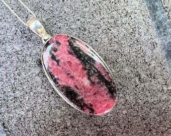 Rhodonite crystal necklace, large one of a kind pendant, 925 sterling silver, unique natural stone, gifts for her