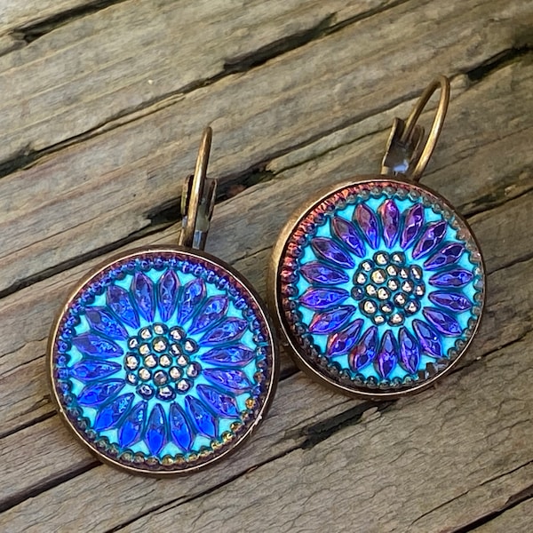 Nouvelles boucles d'oreilles bouton en verre tchèque, boucles d'oreilles boho pendantes, bijoux vintage, boucles d'oreilles en verre tchèque, boucles d'oreilles bohème hippie, cadeau unique pour elle