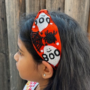 Halloween headband, spiders ghosts boo headband, Statement Beaded Knot Headband, Handmade Headband, Wide Headband, Seed Bead Headband