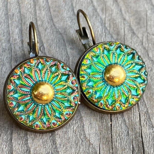 New Czech Glass Button Earrings, Boho Dangle Earrings, Vintage Jewelry, Czech Glass Earrings, Bohemian Hippie Earrings, unique gift for her