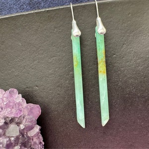 Natural Chrysoprase earrings ,natural stone jewelry, unique one of a kind, green color earrings, long earrings