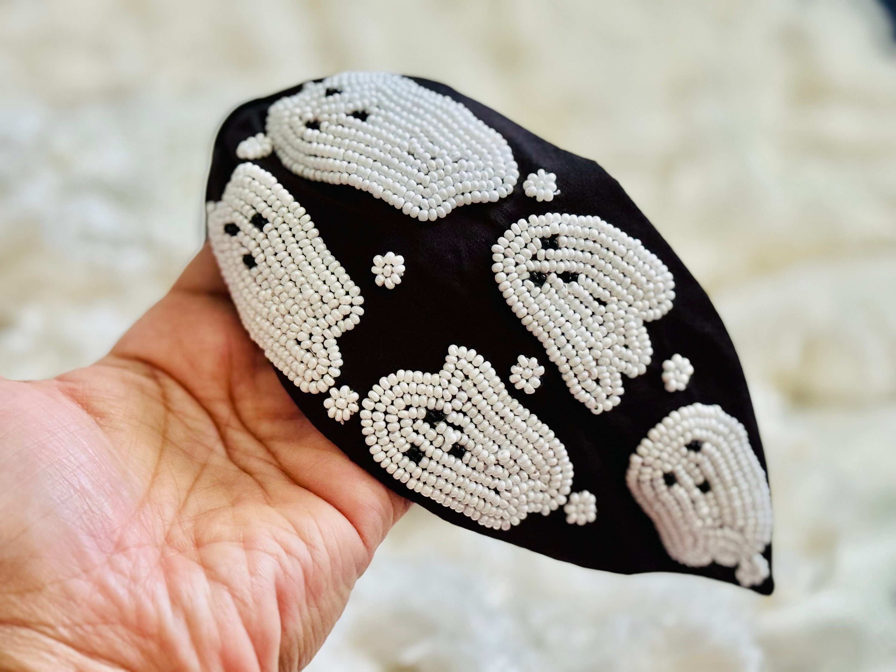 Halloween Beaded Ghost Wide Headband Halloween Ghost Headband: Beaded Knot, Handmade Statement  main image 3