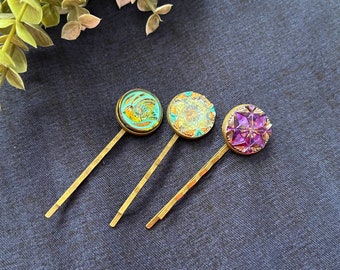 Czech Glass Button hair pins, Boho hair pins , Vintage accessories, Czech Glass accessory, Bohemian Hippie