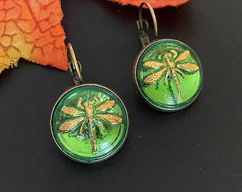 New Czech Glass Button Earrings, Boho Dangle Earrings, Vintage Jewelry, Czech Glass Earrings, Bohemian Hippie Earrings, dragonfly earrings