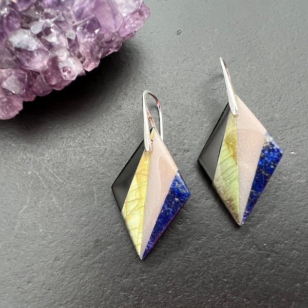Intarsia Stone Earrings: Lapis Lazuli, Labradorite & Obsidian