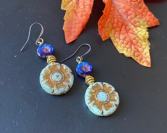 Boho chic jewelry /nature inspired/Hawaiian flower earrings / Aloha earrings /czech glass earrings