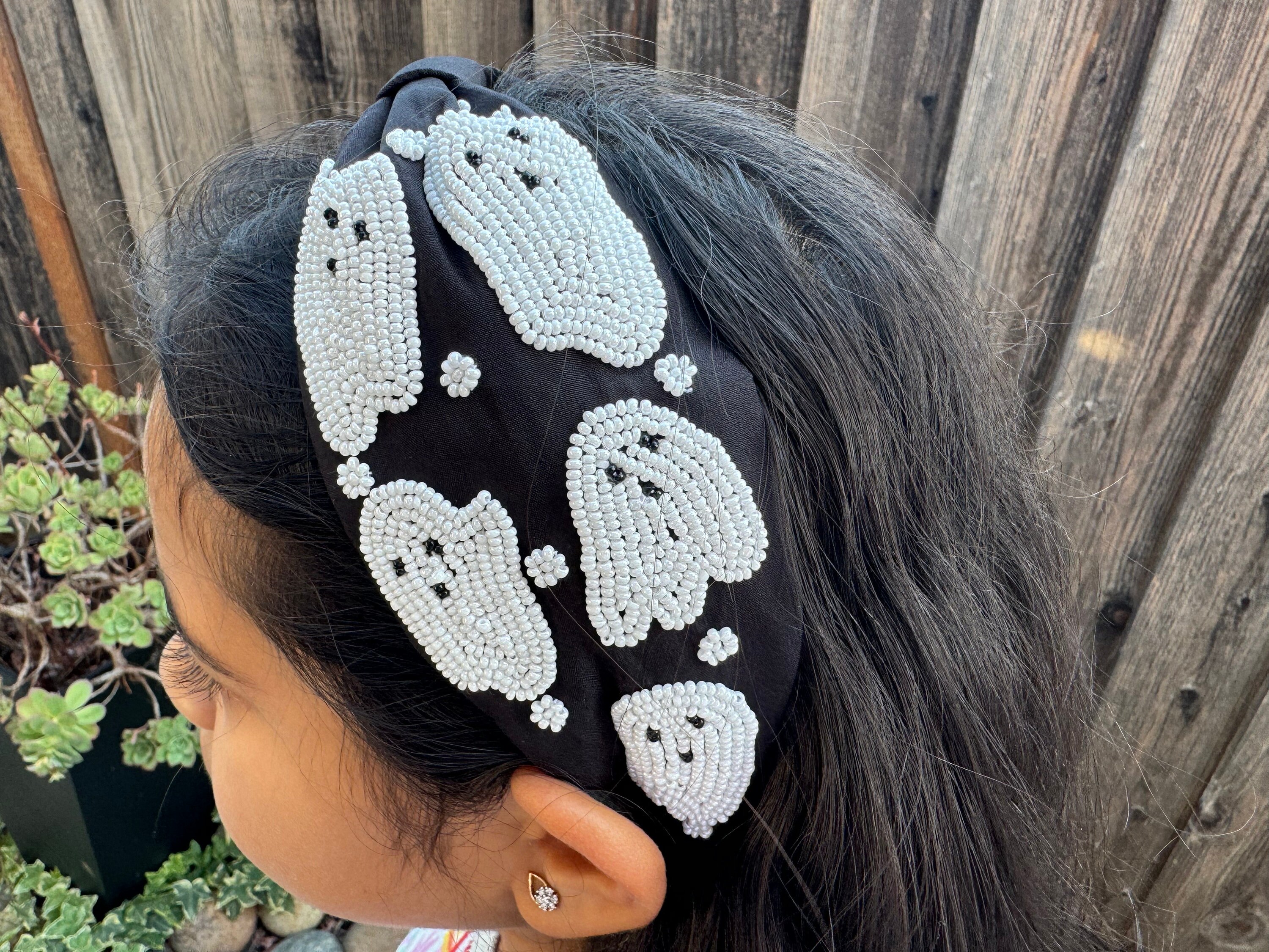 Halloween Beaded Ghost Wide Headband Halloween Ghost Headband: Beaded Knot, Handmade Statement  main image 4